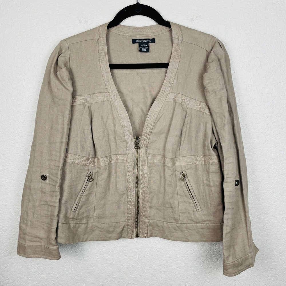Luciano Dante Jacket Womens XL Linen Roll Tab Sleeves Lagenlook Beachy Coastal